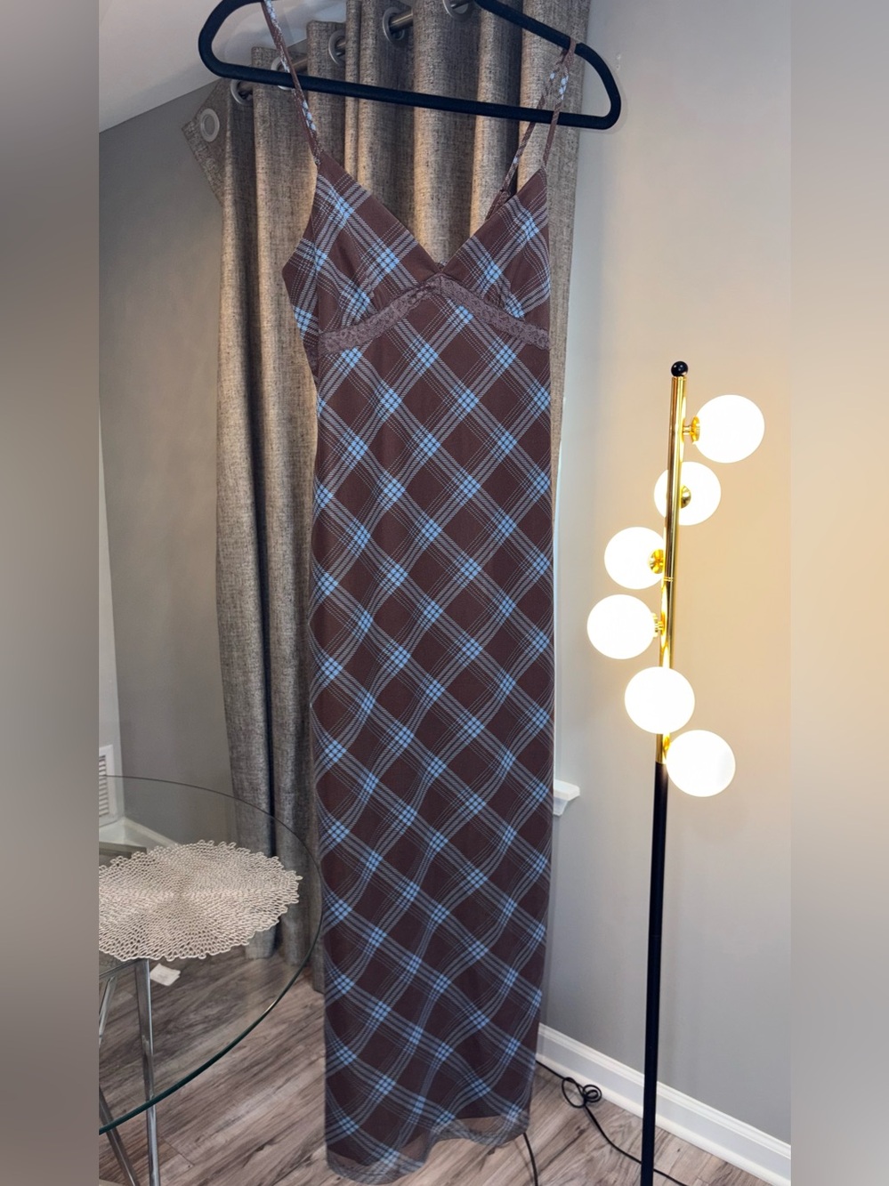 Brown & Blue Plaid Maxi Slip Dress with Spaghetti Straps